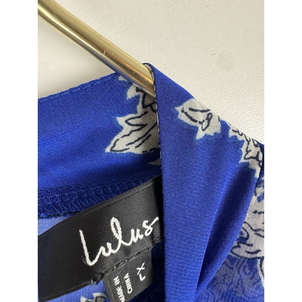 Lulus Royal Blue Floral Mock Neck Tiered Midi Dress Extra Large XL Short Sleeve⁠ - Picture 4 of 8